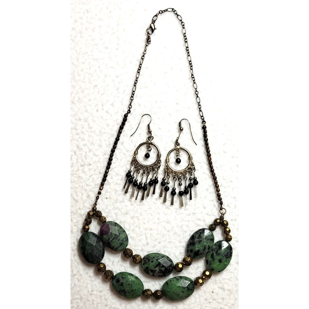 Southwest Boho Necklace Earrings Bracelet 4 Pc Lot Faux Turquoise Green Bronze - Picture 2 of 12